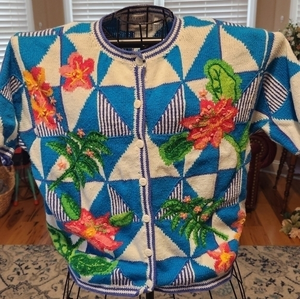 Portraits XL Hand Embroidered VTG Sweater‎ Short Sleeve Coastal Grandma Palm Bch